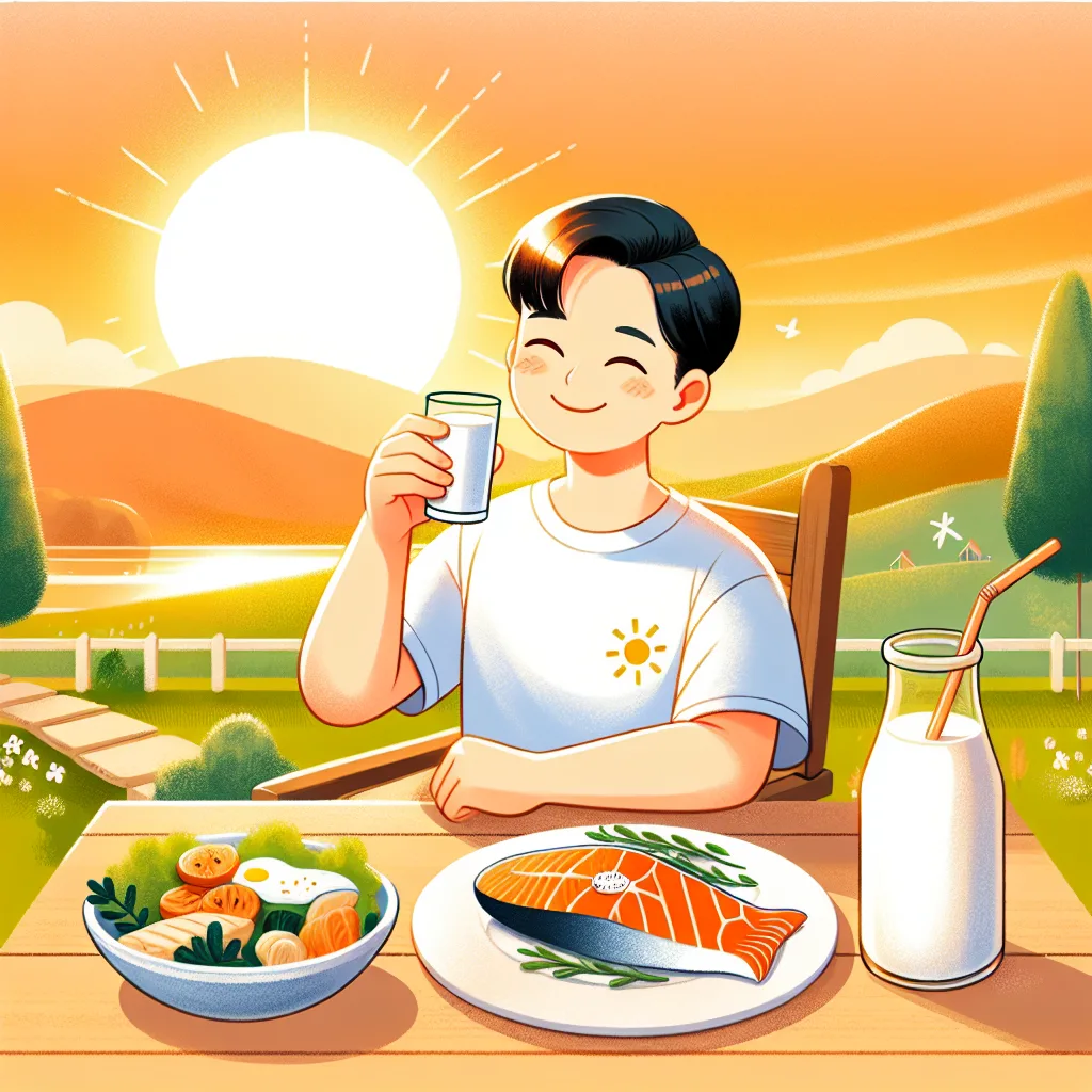 A Korean person, bathed in warm sunlight, smiles contentedly amidst a vibrant orange and yellow landscape. They are enjoying the outdoors, a plate of salmon and fortified milk nearby, symbolizing a healthy and happy day filled with vitamin-rich foods.