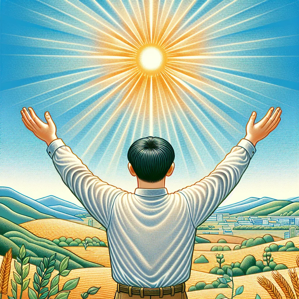 A Korean person stands outdoors, arms outstretched, under a vibrant sunny sky. The image emphasizes the importance of vitamin D synthesis through sunlight exposure.