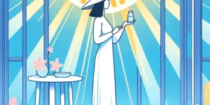 A vibrant illustration of a Korean person, bathed in sunlight filtering through a window, holds a bottle of vitamin D supplements. Soft blues and whites create a calming, uplifting atmosphere. A subtle, healthy bone structure is subtly depicted in the background. The overall mood is cheerful and promotes wellness.