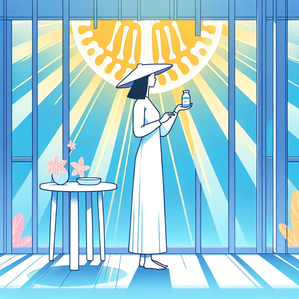 A vibrant illustration of a Korean person, bathed in sunlight filtering through a window, holds a bottle of vitamin D supplements. Soft blues and whites create a calming, uplifting atmosphere. A subtle, healthy bone structure is subtly depicted in the background. The overall mood is cheerful and promotes wellness.