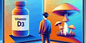 A Korean person stands before a split-screen display. One side shows a vibrant bottle of vitamin D3, the other a striking mushroom representing D2. A gradient of blue and orange fills the background, highlighting the contrast between the two vitamins. The image evokes curiosity and comparison, emphasizing the differences in these essential nutrients.
