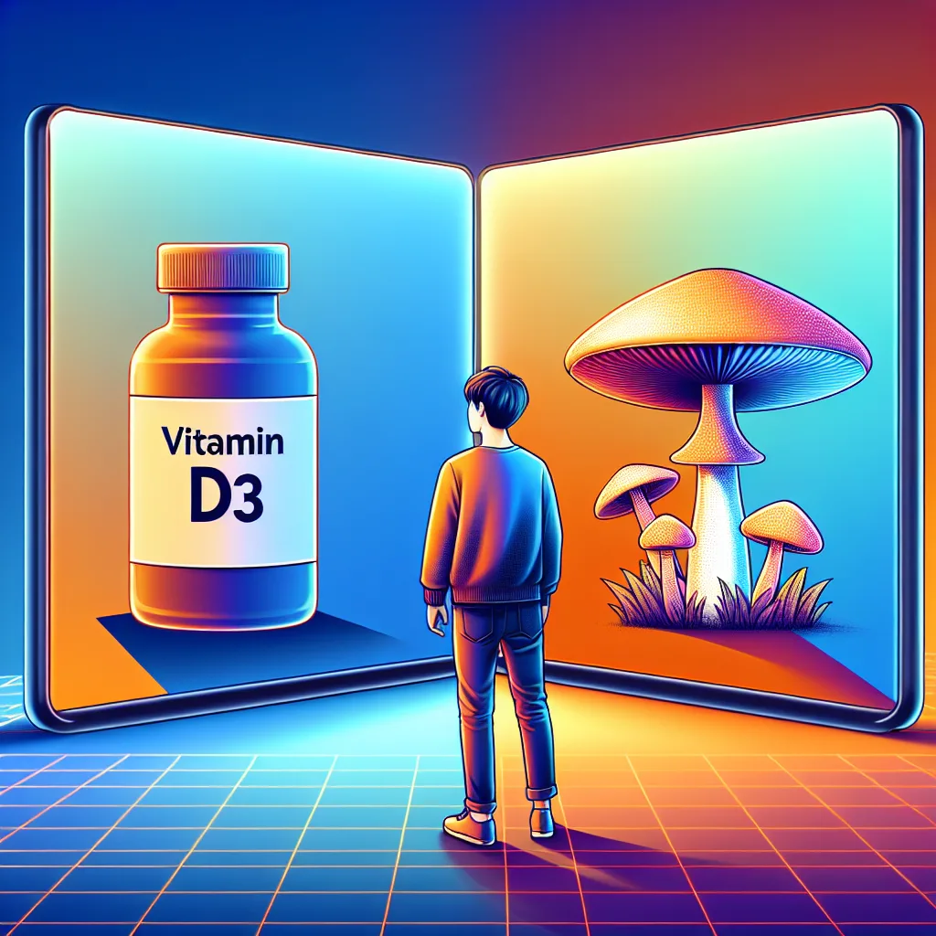 A Korean person stands before a split-screen display. One side shows a vibrant bottle of vitamin D3, the other a striking mushroom representing D2. A gradient of blue and orange fills the background, highlighting the contrast between the two vitamins. The image evokes curiosity and comparison, emphasizing the differences in these essential nutrients.