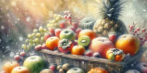 A winter fruit basket bursting with tangerines, kiwis, strawberries, persimmons, citrons, pineapples, and jujubes, bathed in warm golden light and nestled amongst delicate snowflakes. High contrast and vibrant colors highlight the bounty of the season.