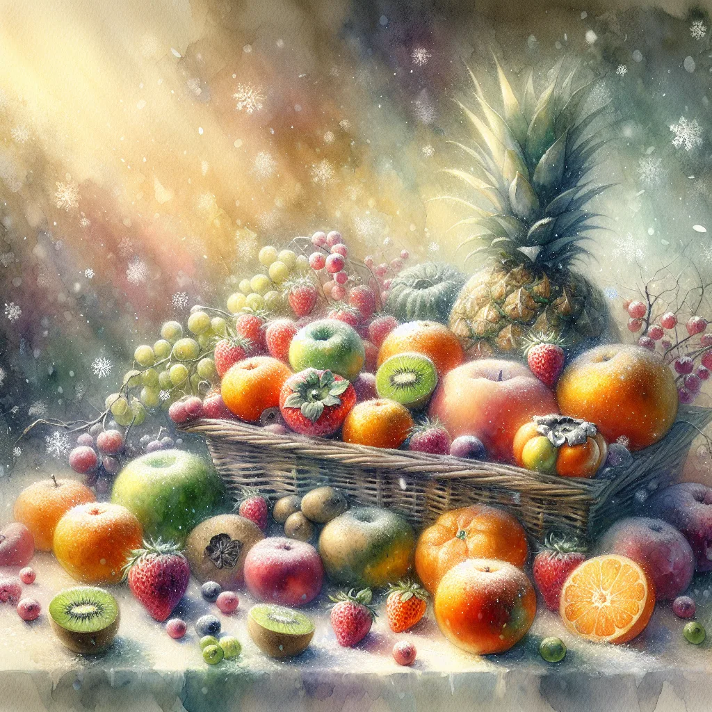 A winter fruit basket bursting with tangerines, kiwis, strawberries, persimmons, citrons, pineapples, and jujubes, bathed in warm golden light and nestled amongst delicate snowflakes. High contrast and vibrant colors highlight the bounty of the season.