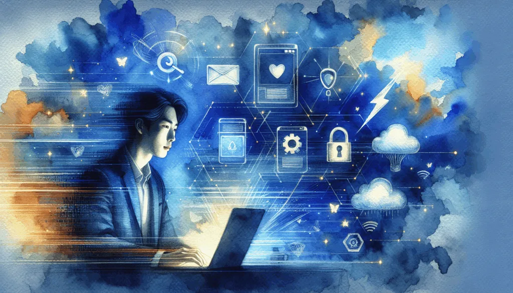 A vibrant, high-contrast illustration of a Korean person standing confidently in front of a glowing server rack, while digital data streams flow between two laptops. The background features a symbolic crossroads of blue and gold pathways, representing a safe and successful server migration. Minimalist composition, emotionally charged with a sense of accomplishment and clarity.