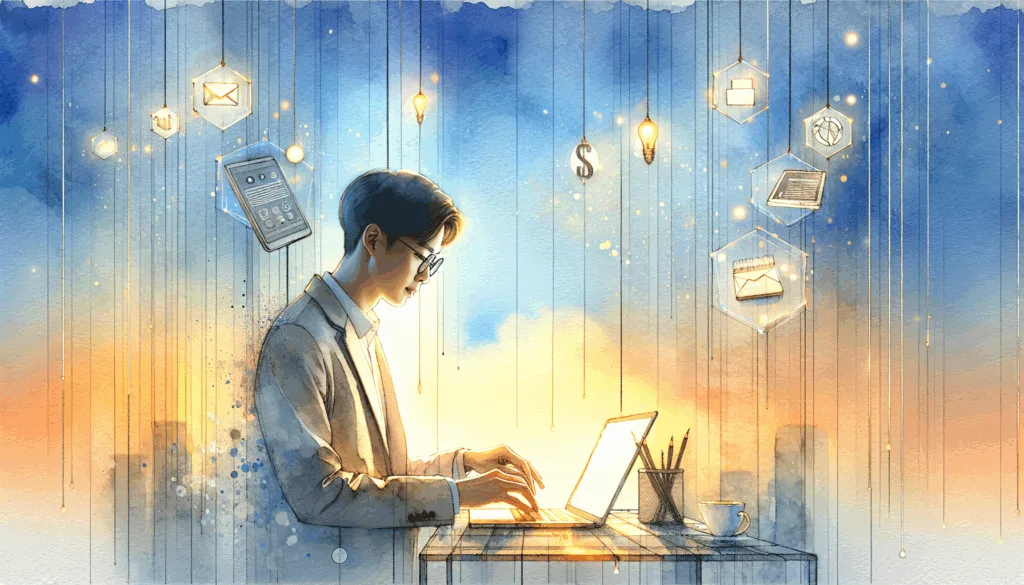 A vibrant, high-contrast illustration of a Korean person typing on a glowing laptop in a modern workspace, surrounded by floating digital icons representing blogging, analytics, and finance. The background features a gradient of blue and gold, symbolizing opportunity and success. The scene is minimalist, focusing on the person’s determination and the bright, energetic atmosphere. Emotion: motivation and achievement.