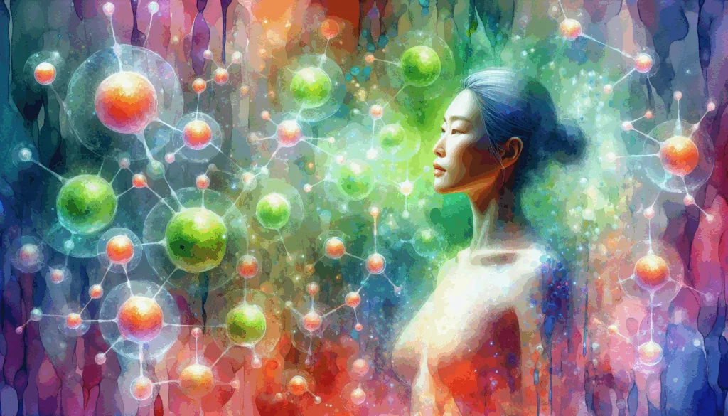 A vibrant and symbolic depiction of a Korean person surrounded by glowing vitamin C molecules, standing confidently against a contrasting backdrop of healthy skin cells and fading oxidative damage. The image uses bright orange and green hues with high contrast and minimalist composition to evoke hope, vitality, and rejuvenation.