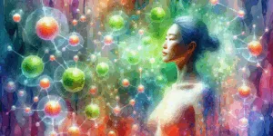 A vibrant and symbolic depiction of a Korean person surrounded by glowing vitamin C molecules, standing confidently against a contrasting backdrop of healthy skin cells and fading oxidative damage. The image uses bright orange and green hues with high contrast and minimalist composition to evoke hope, vitality, and rejuvenation.