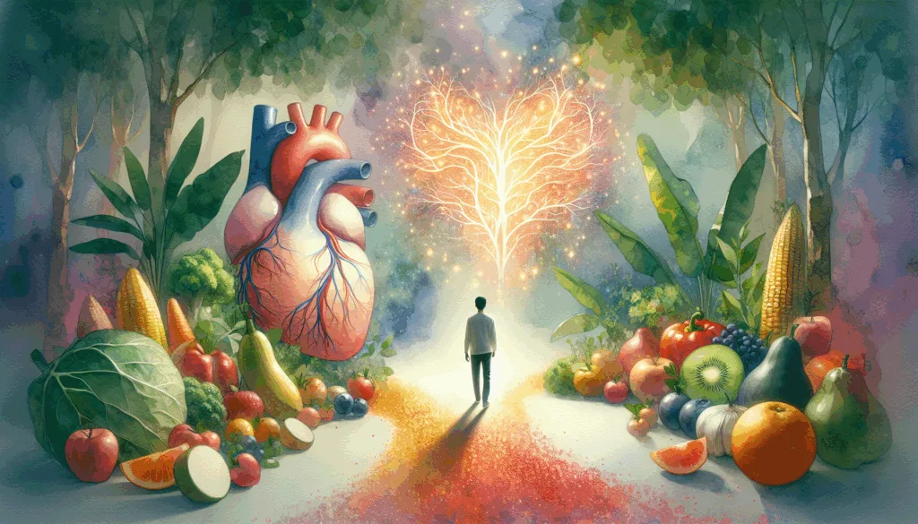 A vibrant and symbolic depiction of a Korean person standing confidently beside a glowing heart-shaped vascular system, surrounded by fresh fruits and vegetables emitting radiant light. Emphasize high contrast colors with a minimalist background to evoke hope and vitality. The scene conveys health, protection, and the power of vitamin C for cardiovascular wellness.