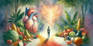 A vibrant and symbolic depiction of a Korean person standing confidently beside a glowing heart-shaped vascular system, surrounded by fresh fruits and vegetables emitting radiant light. Emphasize high contrast colors with a minimalist background to evoke hope and vitality. The scene conveys health, protection, and the power of vitamin C for cardiovascular wellness.