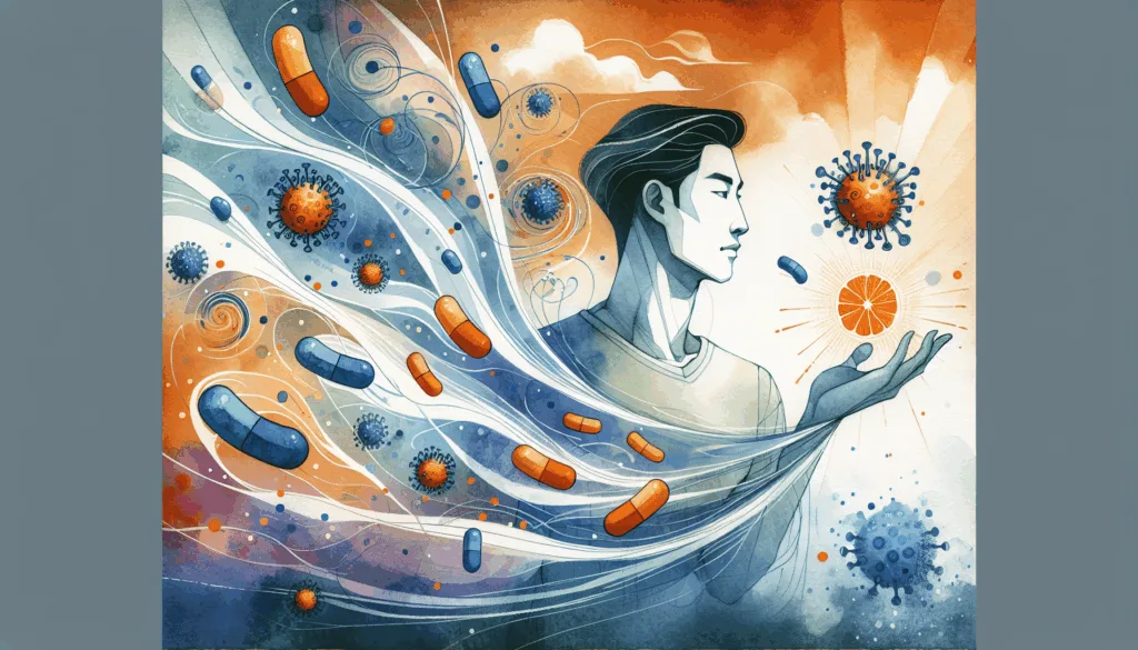A vibrant and symbolic depiction of a Korean person confidently holding a bright orange vitamin C tablet, surrounded by dynamic swirling blue and white elements representing cold viruses and immunity. The background features sharp contrasts of warm and cool colors, minimalist composition emphasizing hope and protection against illness.