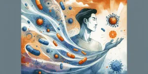 A vibrant and symbolic depiction of a Korean person confidently holding a bright orange vitamin C tablet, surrounded by dynamic swirling blue and white elements representing cold viruses and immunity. The background features sharp contrasts of warm and cool colors, minimalist composition emphasizing hope and protection against illness.